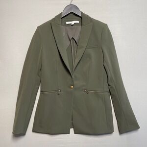 Veronica Beard Scuba Dickey Blazer Womens 4 Olive Green Zip Pockets Gold Snap